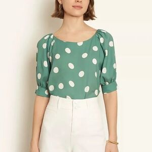 Ann Taylor Sage Blouse with White Dots Boat neck Size M